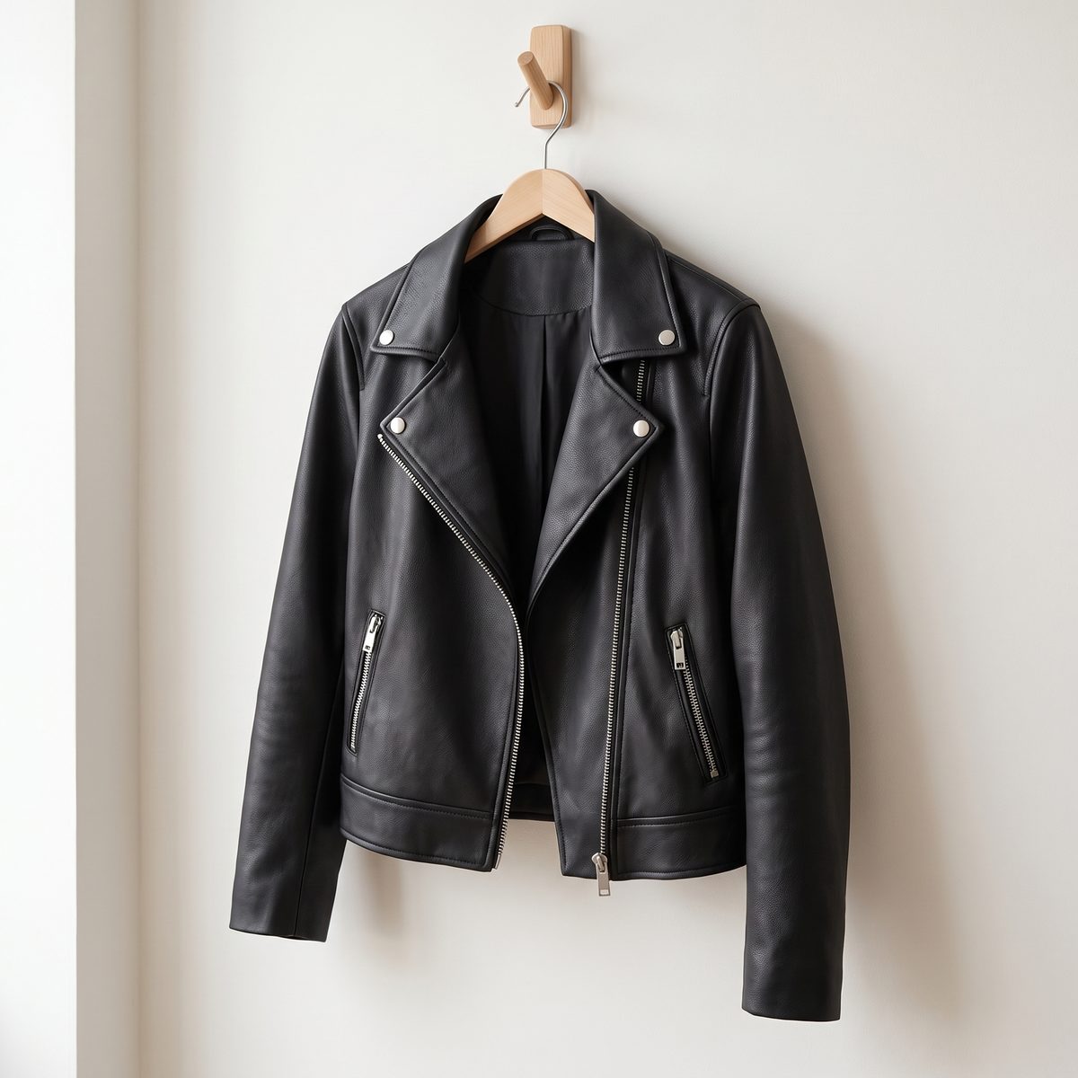 Chaqueta biker en cuerina negra colgada en un gancho de madera, Textti
