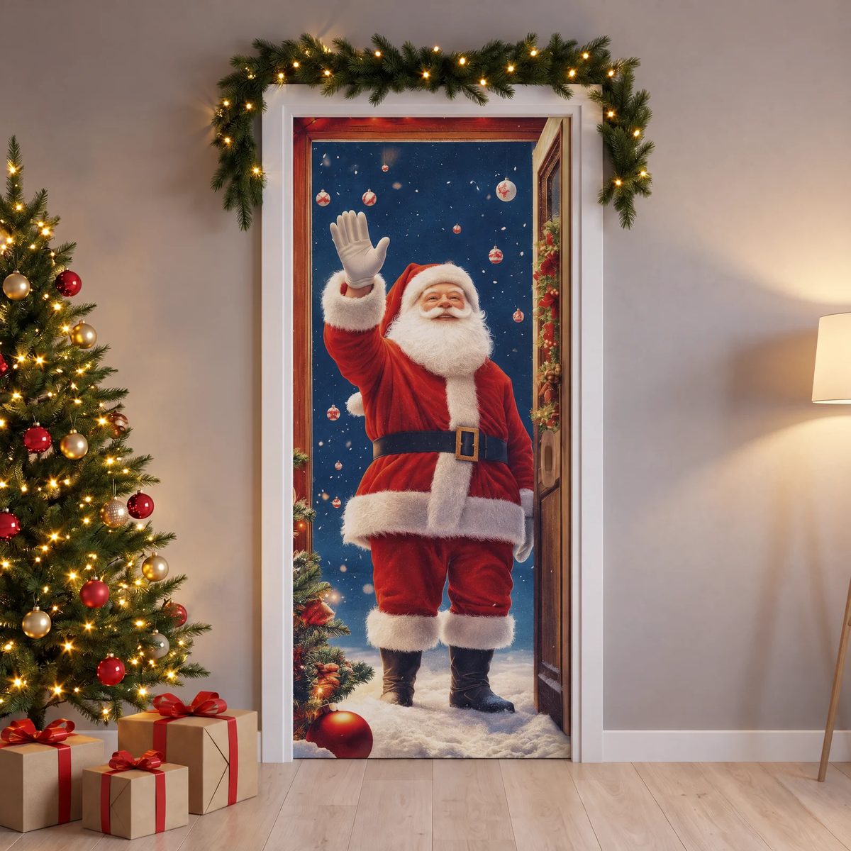 Forro navideño para puerta de 80 × 200 cm, diseño Papá Noel saludando, en la puerta de una habitación en Navidad