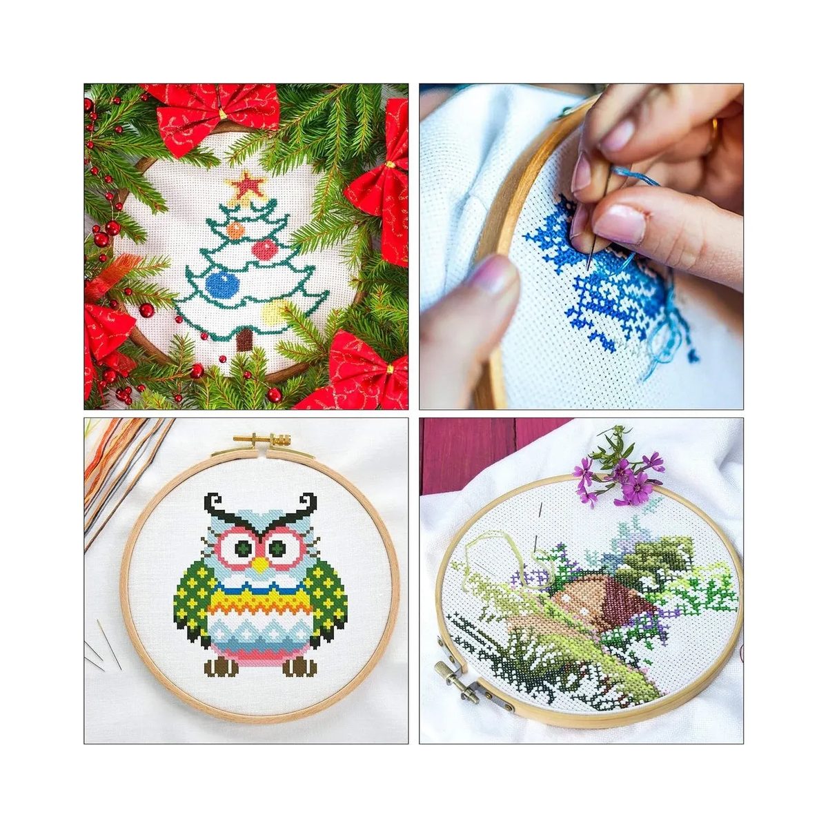 Cuatro bordados terminados en bastidor: un pino de navidad, un motivo azul en punto de cruz, un búho de colores y un ramo de flores