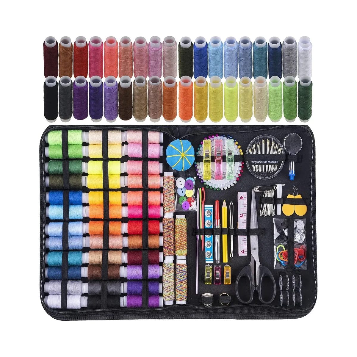 Kit de costura completo de 200 piezas: estuche de cuero sintético negro abierto con los cuarenta y un carretes XL de hilo y las herramientas