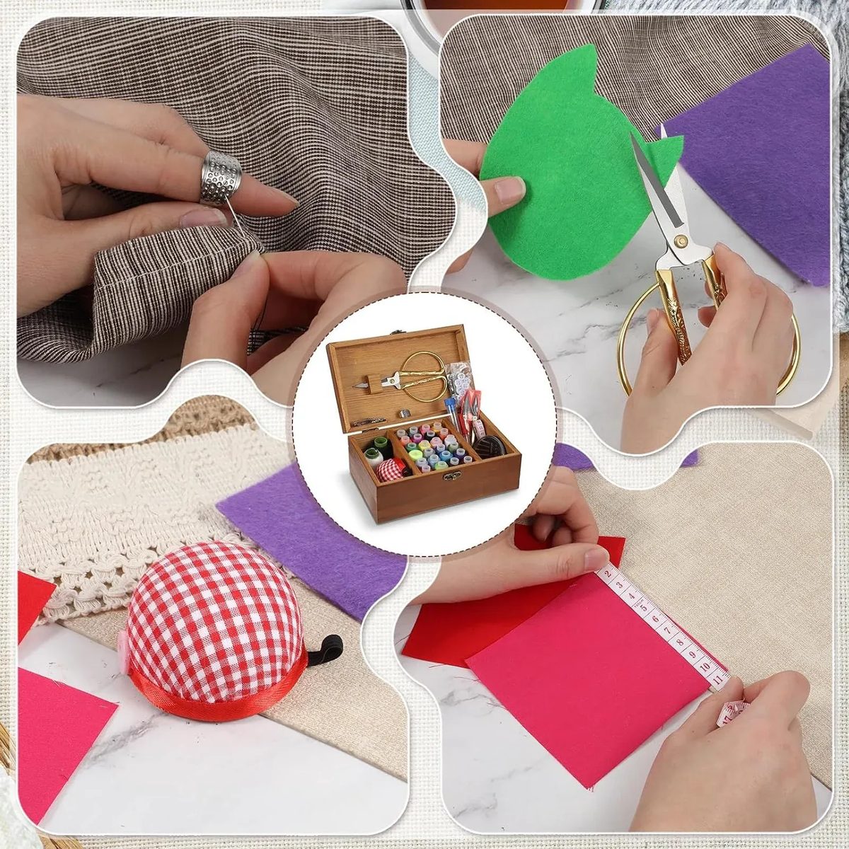 Cuatro tomas de la caja de costura en uso alrededor de una foto de la caja abierta: coser con dedal, cortar fieltro con la tijera, el alfiletero de muñeca y medir una tela con la cinta métrica