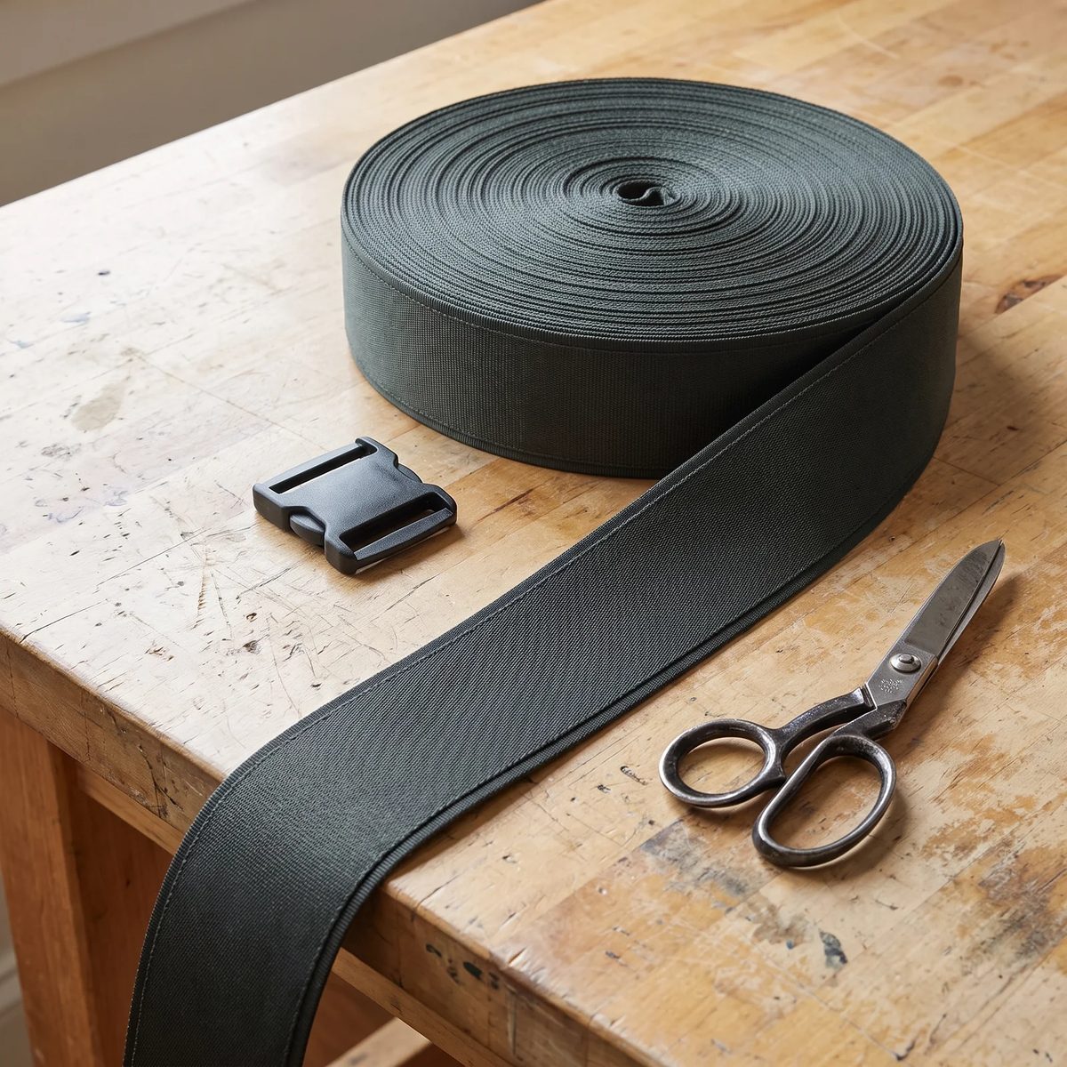 Rollo de reata gris oscuro en la mesa de taller, con una hebilla suelta y tijera