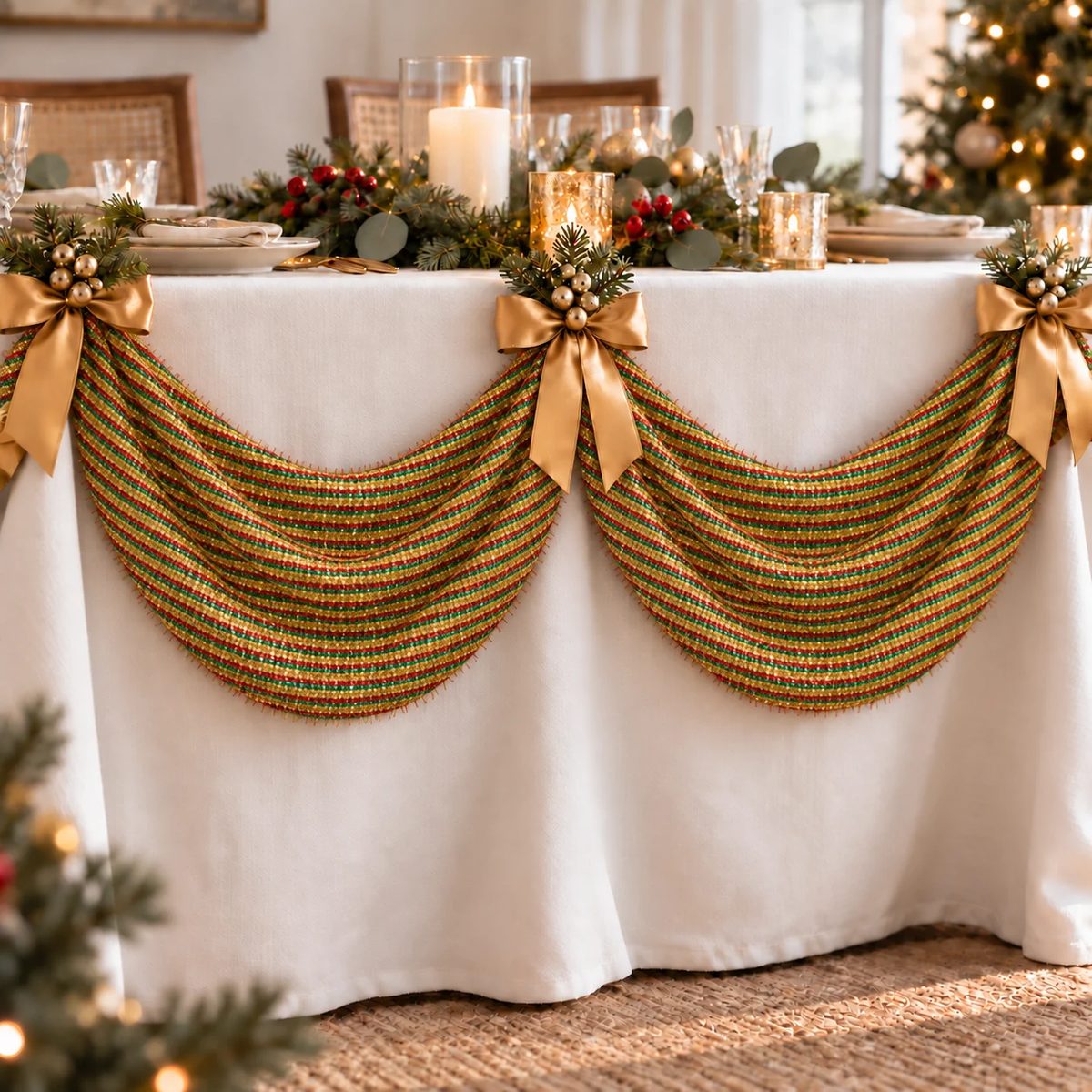 Tela esponjillón tricolor en franja decorativa en una mesa de celebración