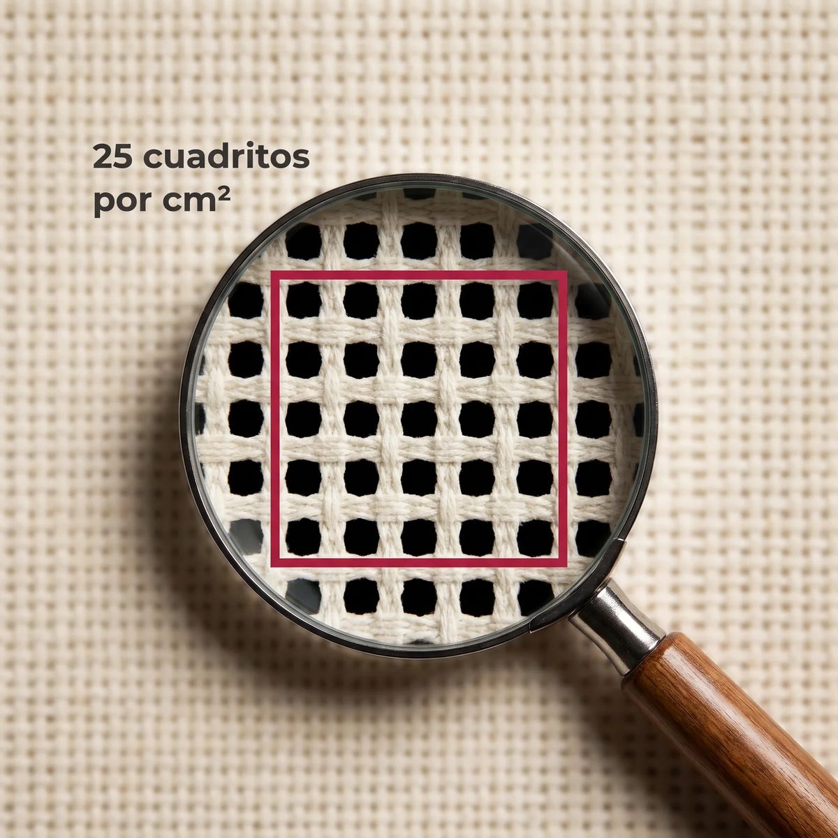 La tela Granité Premium marfil vista con lupa: 25 cuadritos por centímetro cuadrado