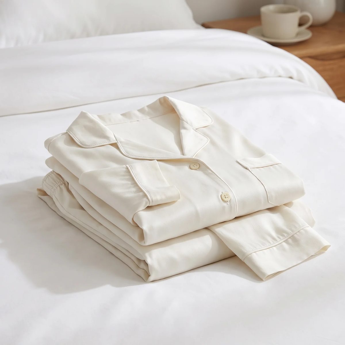 Tencel de Algodón color marfil, confeccionada como pijama de camisa y pantalón, doblada sobre una cama