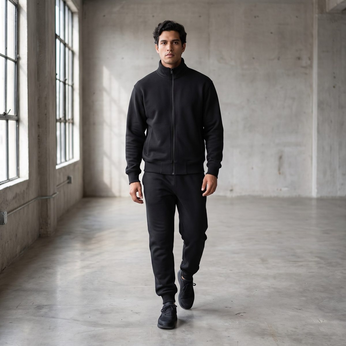 Hombre con chaqueta con cremallera y cuello alto y jogger en Algodón Perchado Imperial color Negro, Textti