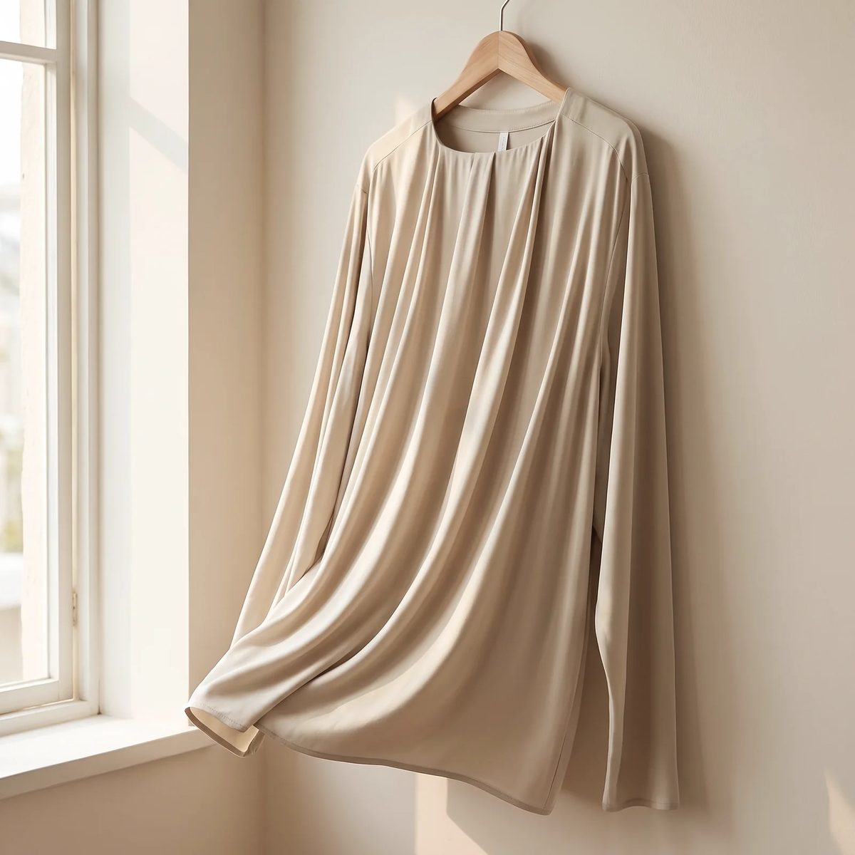 Rayón de bambú color beige, una camisa fresca hecha en esta tela, colgada junto a la ventana