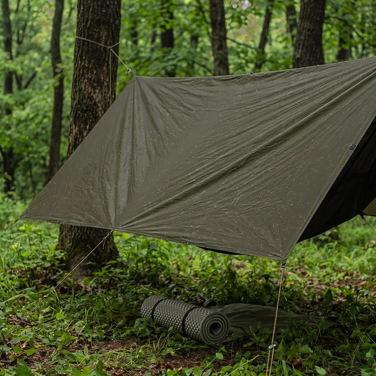Ripstop de Nylon Impermeable color verde oliva: un toldo de camping en Ripstop de Nylon Impermeable con gotas de lluvia resbalando