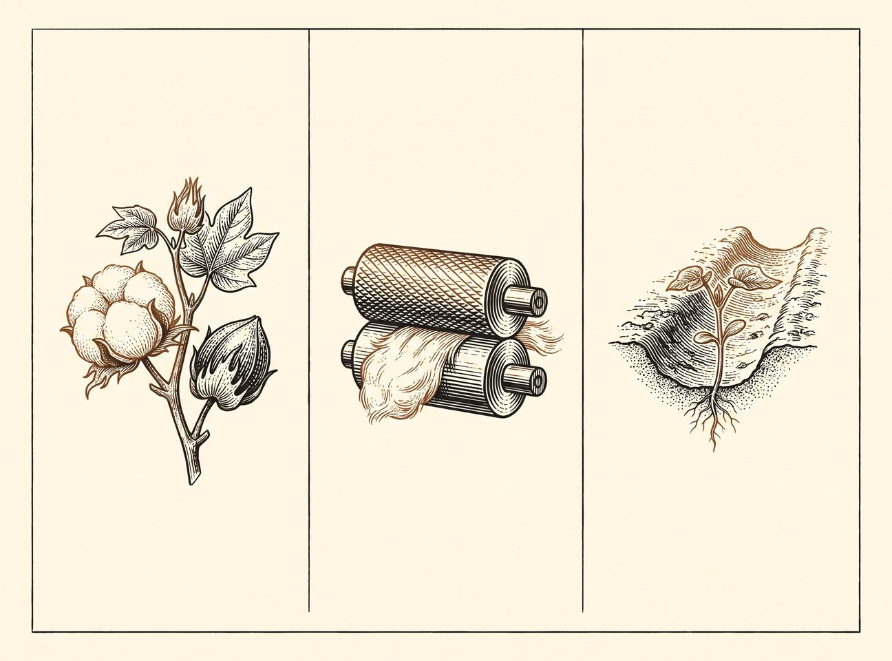 Los tres ejes que dan apellido al algodón, en tres columnas: la planta con su cápsula, los cilindros de peinado con un mechón pasando, y el surco del cultivo.