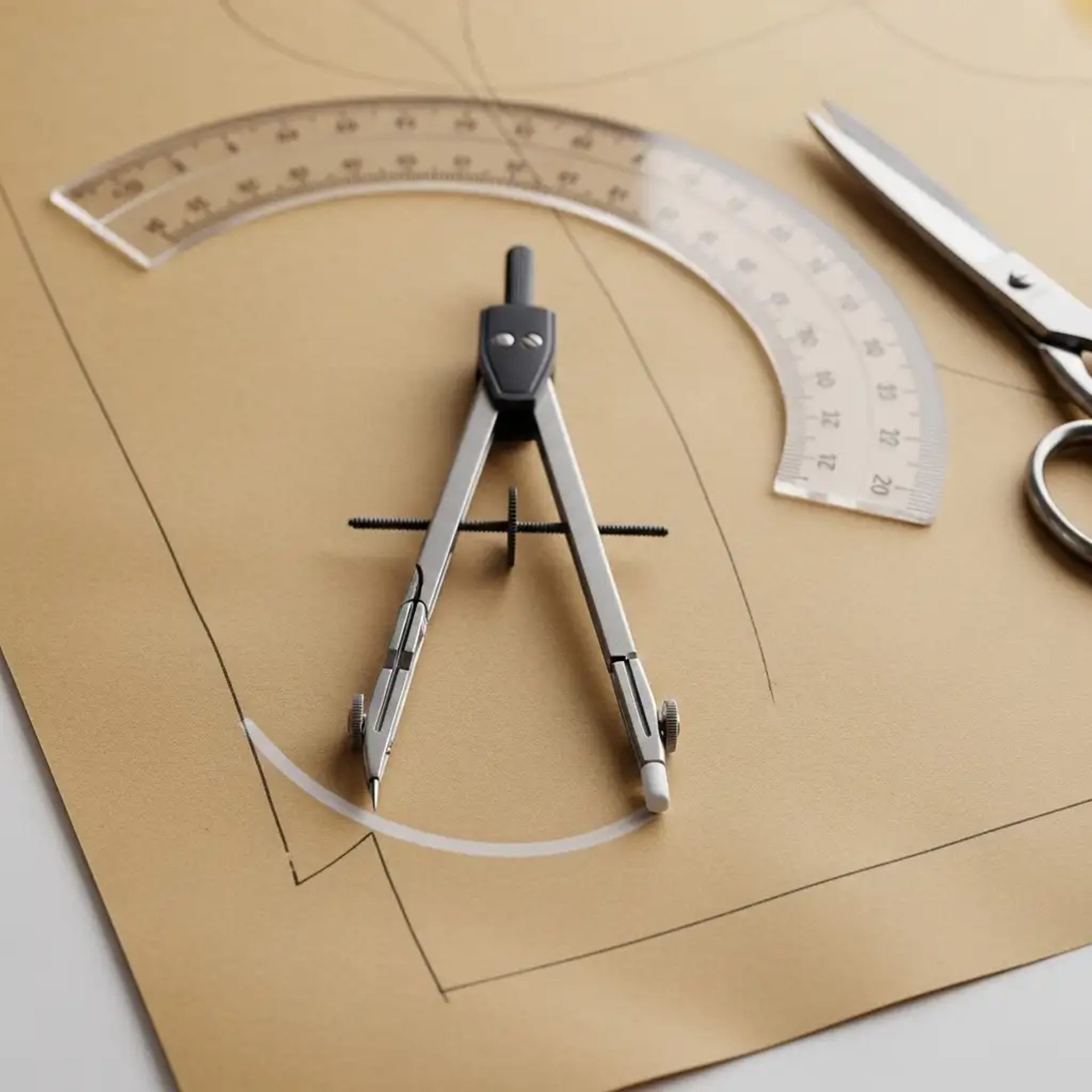 Compás de sastre de metal trazando un arco con tiza sobre papel de patrón. Herramienta de precisión para medir y marcar en confección.