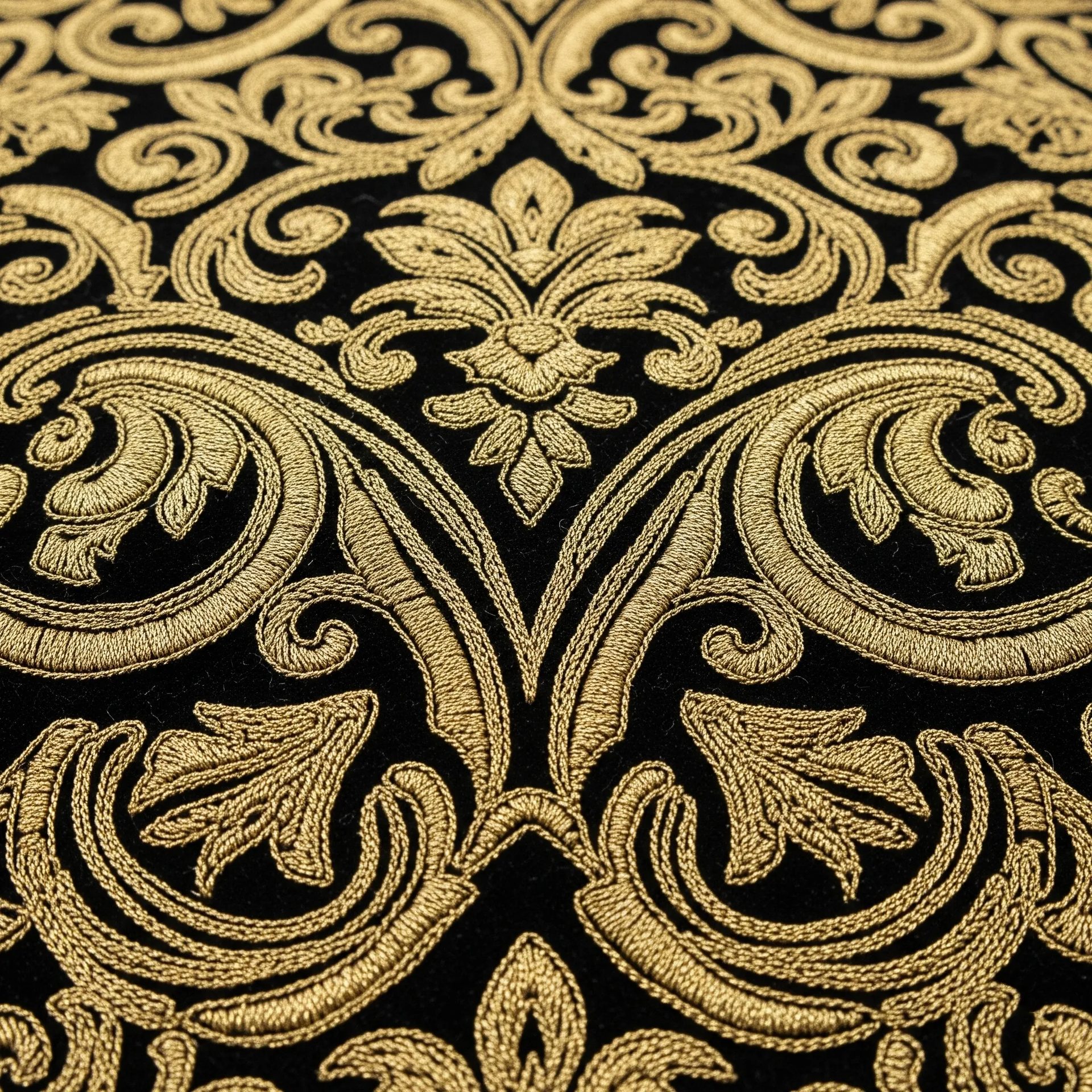 Bordado de damasquinado con hilo de oro sobre terciopelo negro, mostrando un patrón de arabescos en relieve. Técnica de ornamentación de lujo.