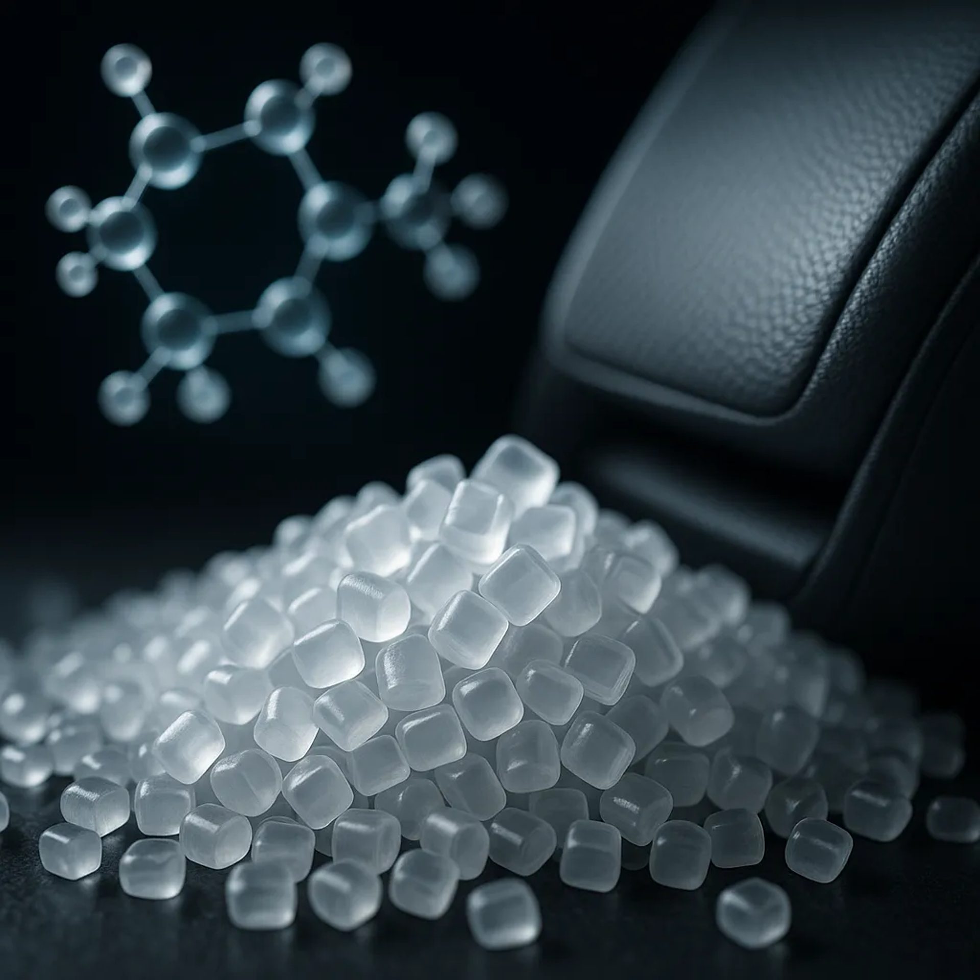 Fotografía macro de pellets de polipropileno translúcido con un modelo molecular y un producto tecnológico de fondo, representando el ecosistema del isopropileno.