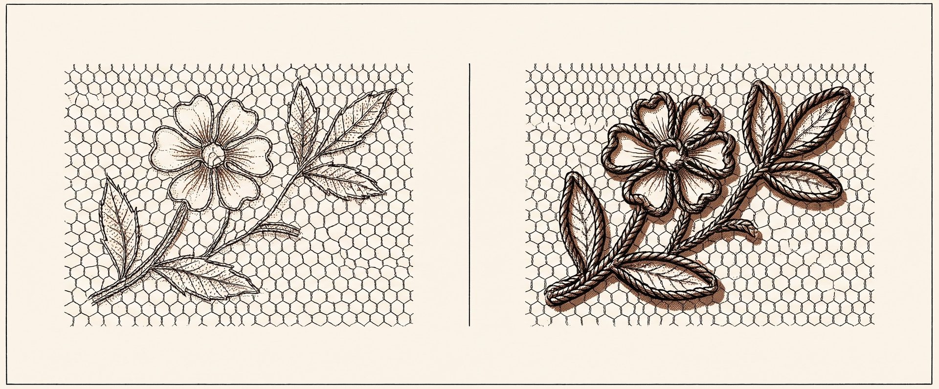Dos encajes con el mismo motivo de flor sobre la misma red: en el de la izquierda la flor está hecha con el hilo fino de la red y queda plana; en el de la derecha el contorno va recorrido por un cordón mucho más grueso y brillante que la levanta sobre el fondo. Eso es una blonda.