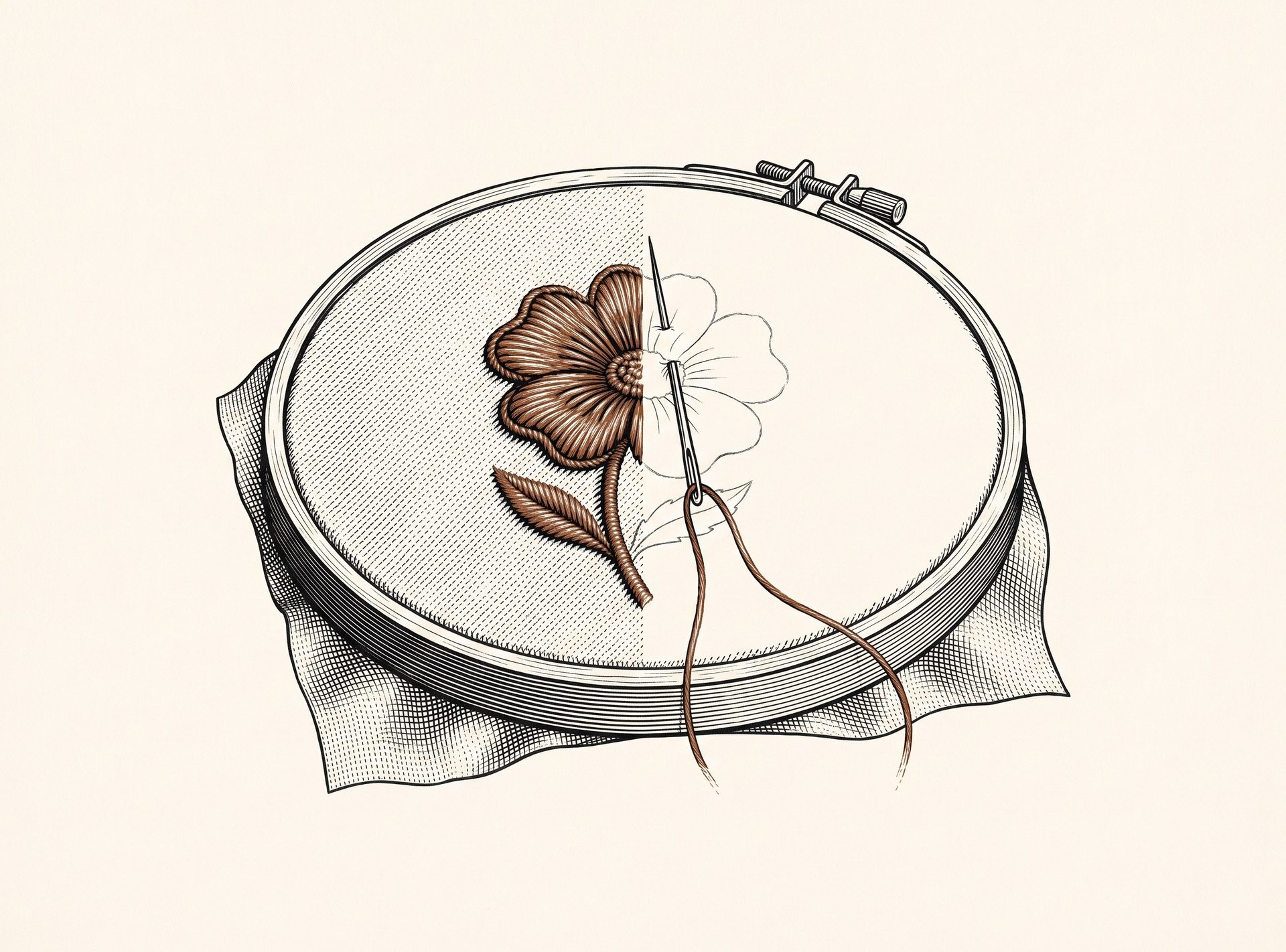 Un bastidor redondo con la tela tensa y una flor a medio bordar: la mitad izquierda tiene los pétalos rellenos de puntadas que levantan del paño, y la mitad derecha es todavía el trazo desnudo sobre la tela. Entre las dos mitades sale la aguja enhebrada.