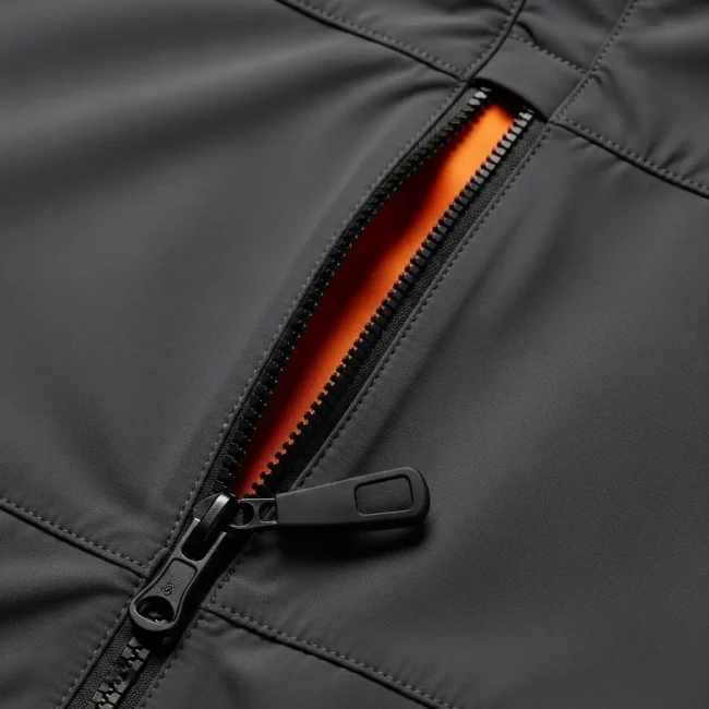 Primer plano de un bolsillo con cremallera en una chaqueta gris, con cremallera negra y forro naranja. Detalle de confección segura y moderna.
