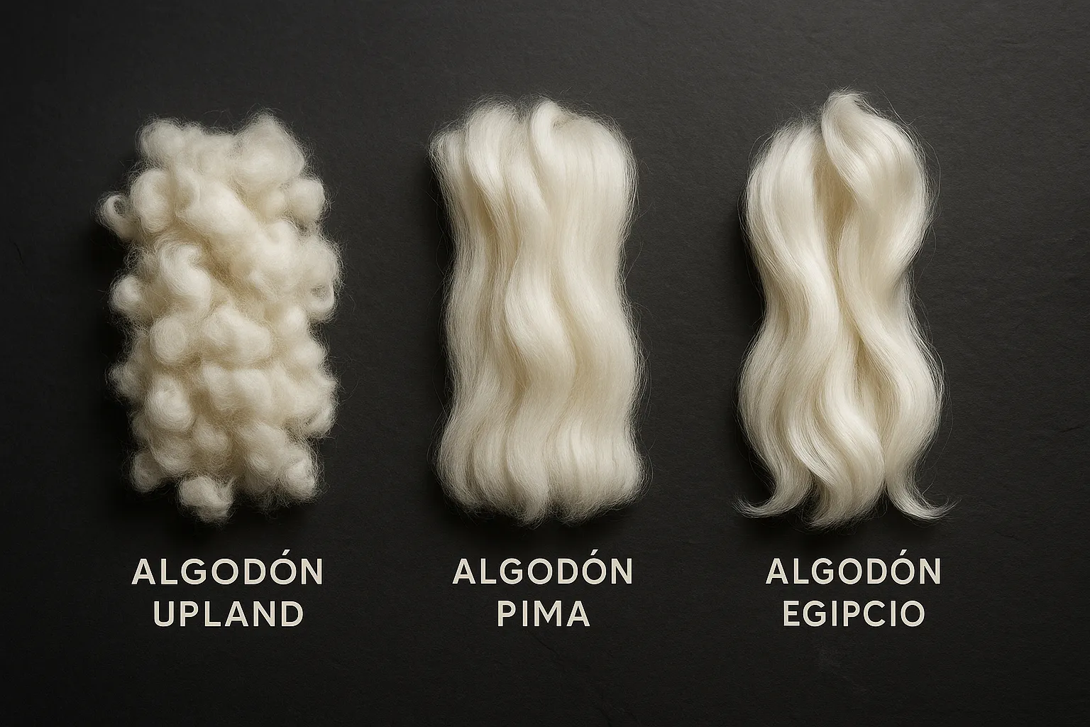 Comparativa visual de fibras de algodón: Upland, Pima y Egipcio, mostrando las diferencias en longitud, finura y lustre que determinan su calidad.
