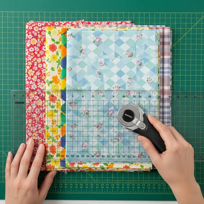 Cutter rotatorio cortando varias capas de tela de algodón sobre una base de corte y guiado por una regla. Herramienta de corte para patchwork.