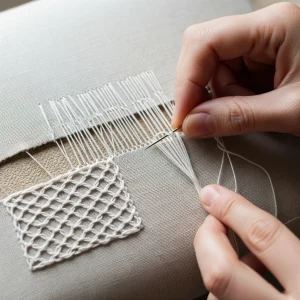 Proceso de deshilado sobre tela de lino, donde se retiran hilos para crear un patrón calado. Técnica de bordado tradicional.