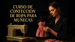 Curso de Confección de Ropa para Muñecas: diseñadora ajustando un vestido rosa en maniquí de muñeca con máquina de coser en primer plano.