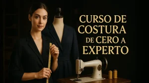 Miniatura YouTube premium del Curso de Costura de Cero a Experto con costurera, maniquí y máquina de coser