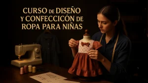 Sastre ajusta vestido infantil rosa en maniquí para diseño y confección