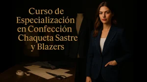 Curso de Especialización en Confección de Chaqueta Sastre y Blazers: modelo con blazer navy en taller de sastrería, maniquí y patrones al fondo.
