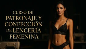 Curso de Patronaje y Confección de Lencería Femenina: modelo en lencería negra junto a máquinas de coser en taller oscuro premium.