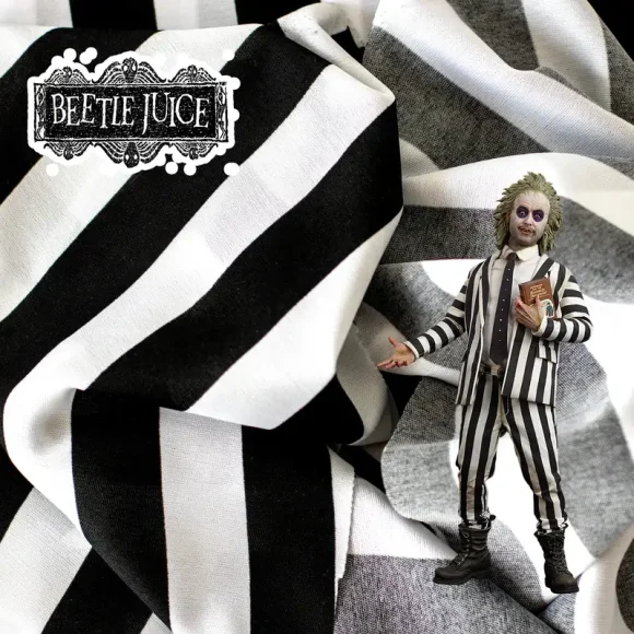 Tela para Disfraz de Beetlejuice - Textura Suave y Flexible Tela para disfraz Beetlejuice con textura suave y patrón de rayas.