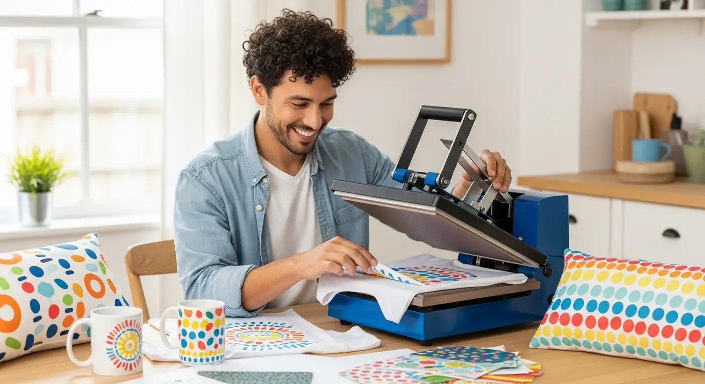 Emprendedora trabajando desde casa con productos sublimados